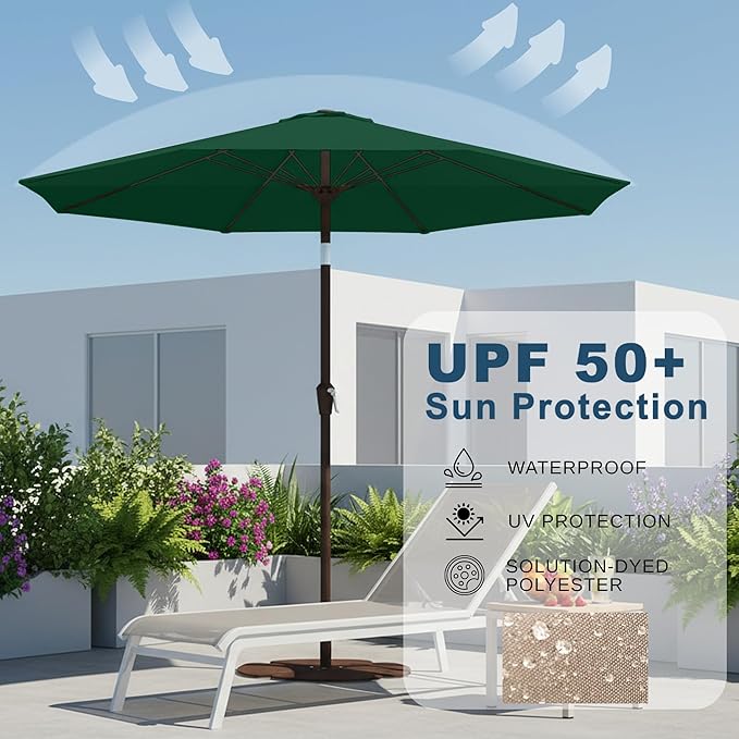 11FT Patio Umbrella, Outdoor Umbrella with with 8 Sturdy Fiberglass Ribs,Market Table Umbrella with Push Button Tilt and Crank,Suit for Backyard,Garden,Pool,Deck(Dark Green)