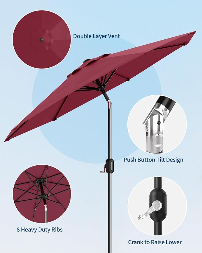 GarveeLife 9 ft Patio Umbrella, Outdoor Table Market Umbrella with Push Button Tilt and Crank, 8 Sturdy Ribs UV Protection Waterproof for Garden, Deck, Backyard, Pool (Dark Red)