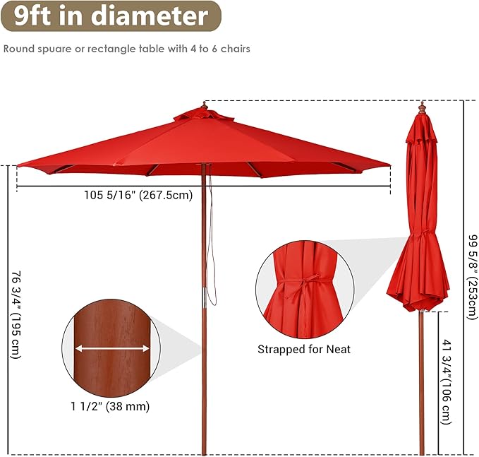 Yescom 9ft Coastal Solid Wood Umbrella Pulley Lift Commercial Base with Wheel Included for Seaside Restaurant Terrace Poolside Beach Club