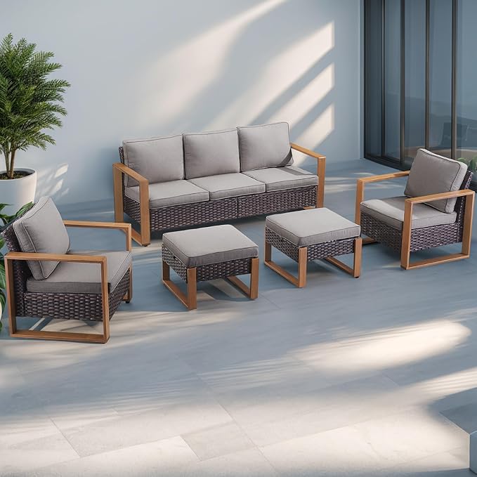 Rilyson Outdoor Wicker Patio Furniture Set - 5 Piece Patio Conversation Set with 2 Wicker Armrest Chairs,2 Rattan Ottoman and 1 Couch,Sturdy Frame,Thick Cushions,Deep Seating(Brown/Grey)