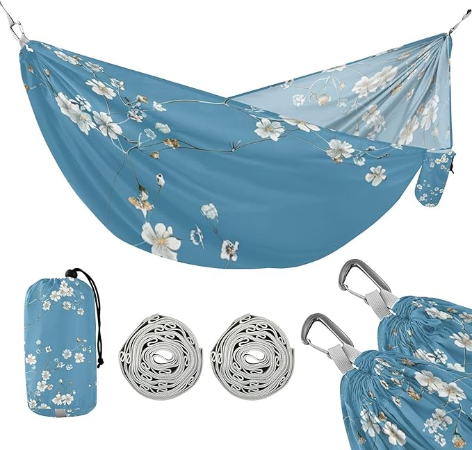 Blue and White Oil Painting Flowers 330lb Capacity Camping Hammocks with Portabl Carry Bag Hanging Hammock for Outside Patio Backyard Poolside Silla hamacas para adultos