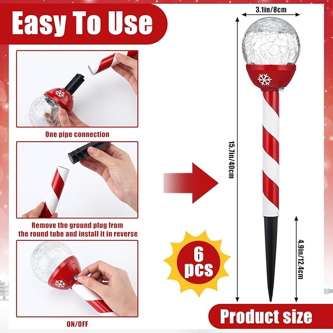 Tujoe 6 Pcs Christmas Solar Pathway Lights Outdoor Stainless Steel Solar Candy Cane Path Torch Lights for Yard Patio Garden Outside Walkway Driveway Landscape Stakes Xmas Outdoor Decorations