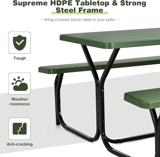 COSTWAY Outdoor Picnic Table, HDPE Plastic Picnic Table Bench Set with Weather Resistant Tabletop & Wood Texture, Ideal for Patio, Backyard (59" D x 54" W x 28.5" H,Green)