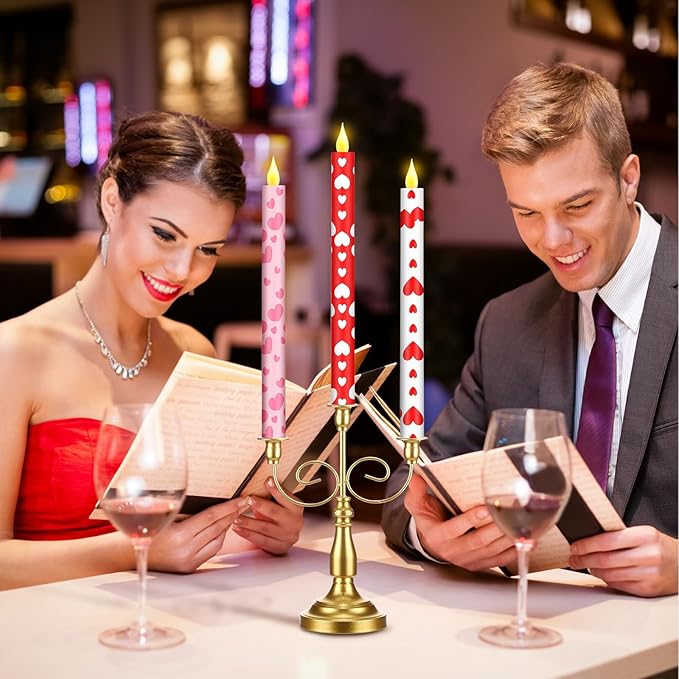 Honoson 6 Pcs Valentine Day Flameless Taper Candles 10.6 Inch Heart Shaped Candles Battery Operated LED Candlesticks for Valentine Wedding Anniversary Dinner Table Home Party Decor