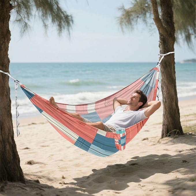 Light Red and Blue Checkered Pattern 330lb Capacity Outdoor Hammock with Portabl Carry Bag Indoor Hammock for Outside Beach Patio Garden Base de hamaca para adultos