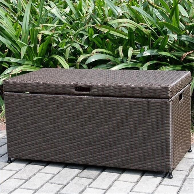 Afuera Living Modern Wicker Patio Storage Deck Box, 40 in x 20 in x 20 in, Steel Frame with Resin Wicker Panels, Espresso Finish, Hinged Lid with Chain Stopper, Outdoor Blanket and Pillow Storage