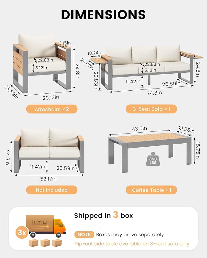 Sundale Outdoor Aluminum Patio Furniture Set, 4 Piece Metal Patio Conversation Sets with 5" Thick Cushions, Shimmer Coated Outdoor Couch with 2 Extendable Side Tables for Yard, Deck (Beige)