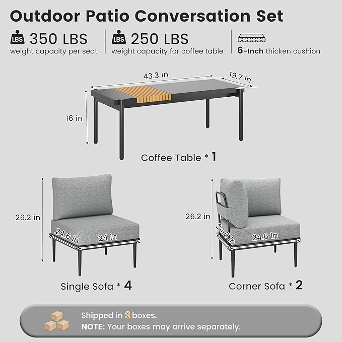 Metal Patio Furniture Set, 7 Pieces Outdoor Sectional Couch Sets with Coffee Table & Washable Thick Cushion, Outdoor Corner Sofa Set for Deck, Patio, Backyard (Gray)