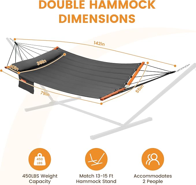 Lazy Daze Hammocks 12FT Quilted Double Hammock with V-Spreader Bar, 2 Person Portable Hammock with Nylon Rope, Side Pocket and Pillow, 450lbs Capacity, Includes Carry Bag for Outside, Grey