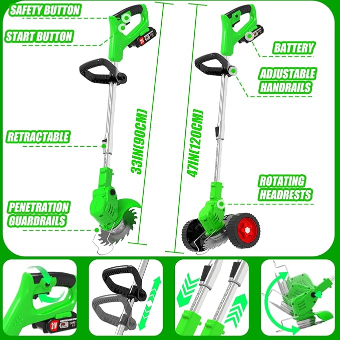 Electric Weed Wacker Cordless Eater, 21V No String Trimmer Battery Powered,3 In 1 Lightweight Grass Trimmer/Brush Cutter/Edger with Wheels and Metal Blade, Stringless Weed Trimmer for Lawn Yard Garden