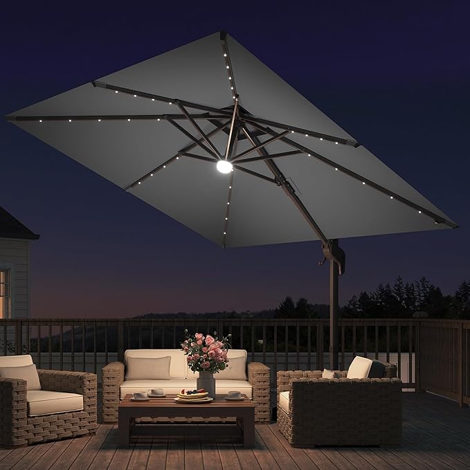 JZAC & QZYD 9x9 FT Outdoor Cantilever Patio Umbrella with Base Included and Solar LED Lights, Large Heavy Duty 2-Tier Square Aluminum Offset Umbrellas with 360-Degree Rotation for Pool Deck, Grey