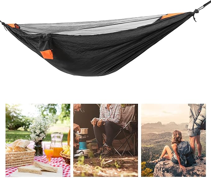 Camping Hammock with Mosquito Net,Single Hammock,Camping Hammock Lightweight, Nylon Camping Bed Net Swing 280x140cm (Black + Orange)