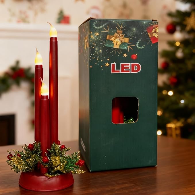 Flameless Taper Candles LED Candlesticks Battery Operated 3D Flicker Fake Candle for Xmas Wedding Fireplace Holiday Party Decor (Red)
