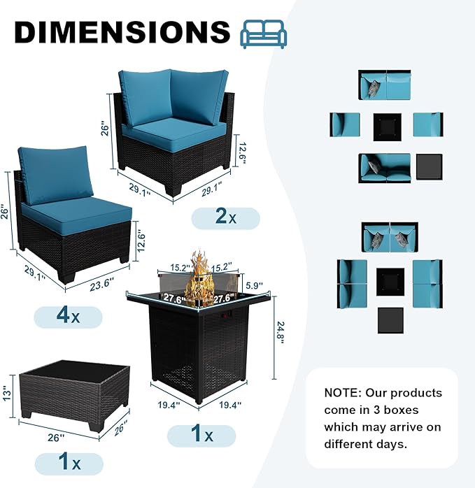 8 Piece Outdoor Patio Furniture Set with Fire Pit Table, Wicker Sectional Sofa Set with Thick Cushions, Perfect for Garden Lawn Pool or Backyard, (Brown/Peacock Blue)