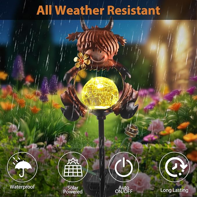 Solar Highland Cow Garden Stake Lights for Outside 2 Pack Metal Highland Cows Outdoor Decor Waterproof Decorative Garden Stakes Yard Lawn Landscaping Ornaments Housewarming Gifts for Women Mom Grandma