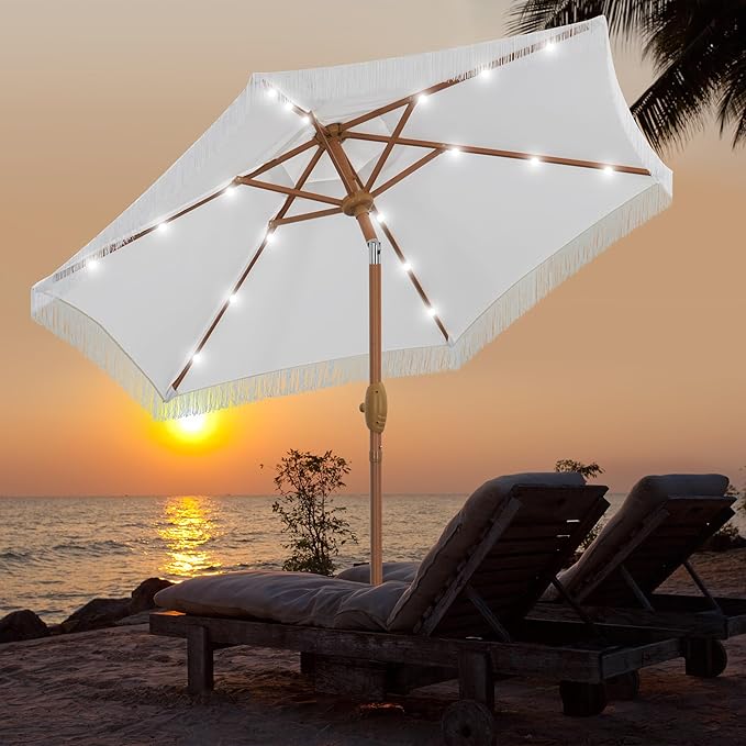 GDY 7.5ft Tassel Patio Umbrella and Matching Base, Outdoor Table Umbrella with 18 LED Lights,Market Umbrella with 6 Sturdy Ribs, with Push Button Tilt and Crank, Bright White
