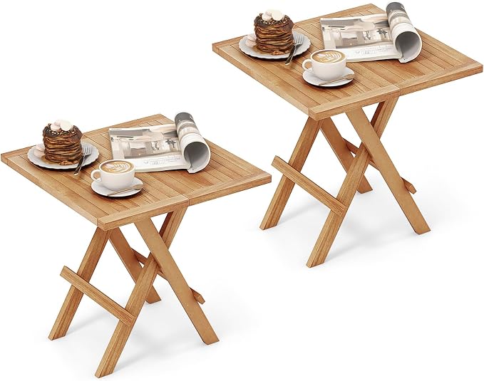 RELAX4LIFE Folding Outdoor Side Table - Set of 2 Teak Wood End Table, Square Coffee Bistro Table w/Slatted Tabletop, Portable Picnic Camp Table for Poolside Porch Garden, Foldable Small Patio Table