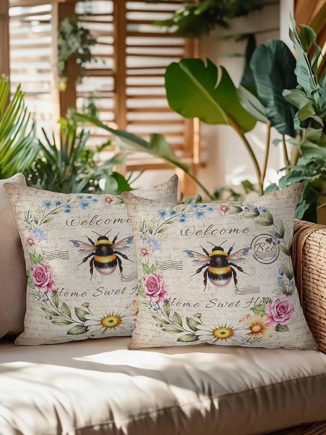 Outdoor Waterproof Throw Pillows Farmhouse Flower Leaf Wreath Patio Pillows Pack of 2,Decorative Pillow Covers with Insert,Pillow Cushion Case for Garden Couch Sofa Rustic Bee Retro Letter