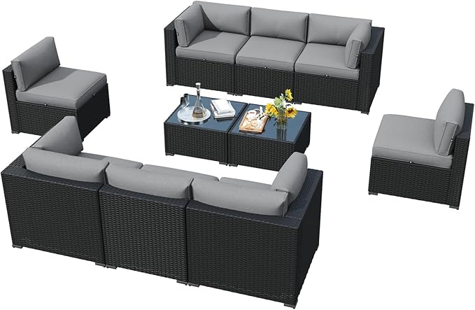 LazySunsets 10 Piece Outdoor Patio Furniture Set with Coffee Table, Outdoor Patio Furniture Sets with Waterproof Cover, Wicker Rattan Outdoor Conversation Set for Backyard & Garden, Light Grey