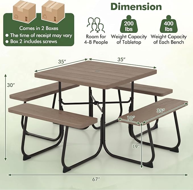 POWERSTONE Picnic Tables with Benches for 8, Outdoor HDPE Picnic Table with Umbrella Hole, Heavy Duty 35" Portable Dining Set Camping Table for Backyard, Patio, Park(Coffee)