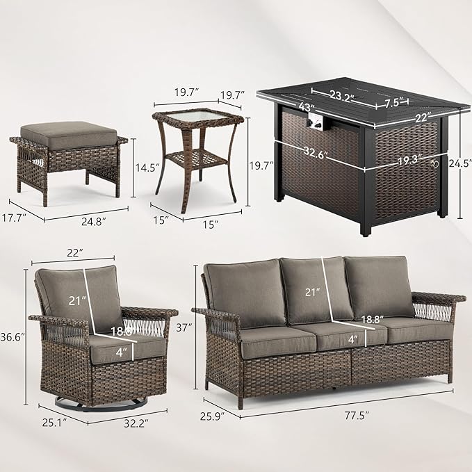 Patio Furniture Set with Fire Pit Table, 7PCS Patio Conversation Set Brown Resin Wicker Swivel Patio Chair Sofa Ottoman Set with Side Table and Fire Table PE Rattan Furniture Set