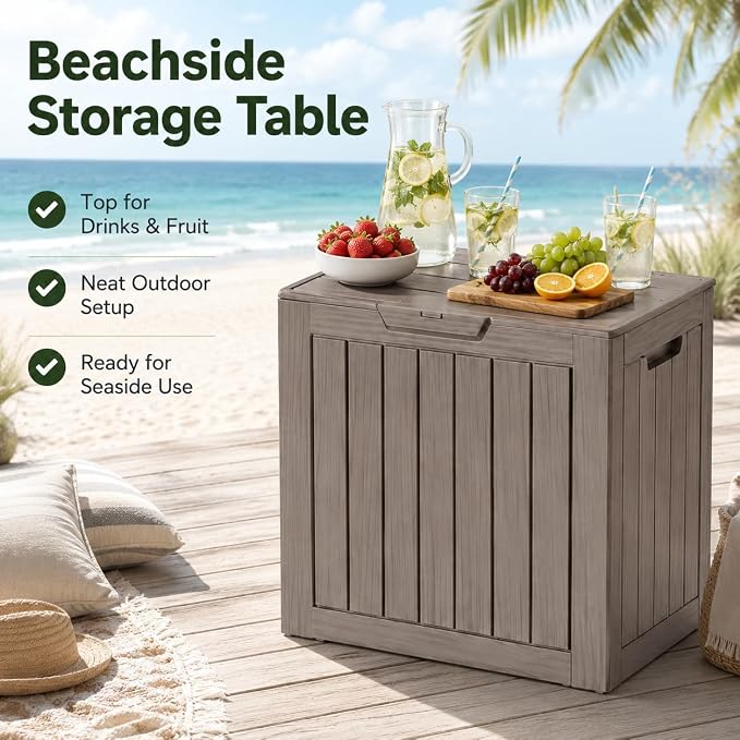 Outdoor Deck Patio Storage Box - 35 Gallon Small Outdoor Deck Box, Plastic Storage Bin with Lid, Outside Toy Box & Pool Storage Container for Cushions, Garden Tools, Towel, Lockable Chest, Brown