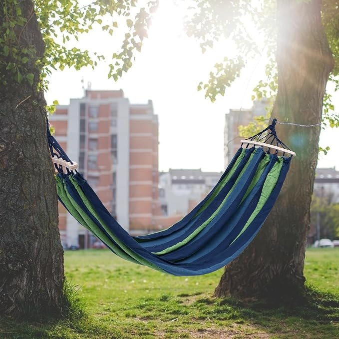 FRCOLOR Portable Outdoor Hammock Striped Canvas Extra Wide 190x100cm Camping Travel Hammock for Hiking Patio Backyard