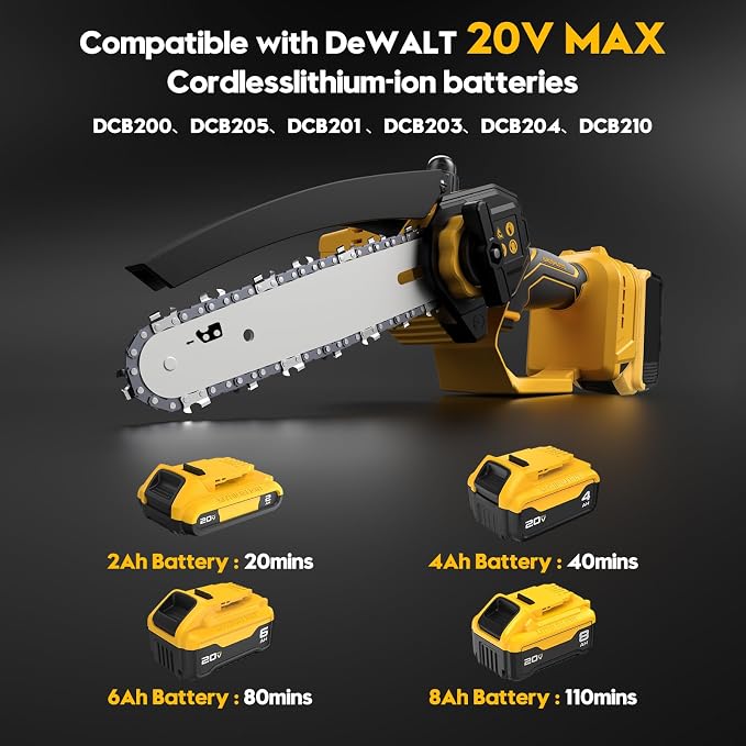 Mini Chainsaw Cordless for Dewalt 20V MAX Battery,8-Inch and 6-Inch 2-IN-1 Brushless Chainsaw with 750W Brushless Chain saw - 24.6FT/S Cutting, 4000RPM, for Wood Cutting(Battery Not Included) (Yellow)