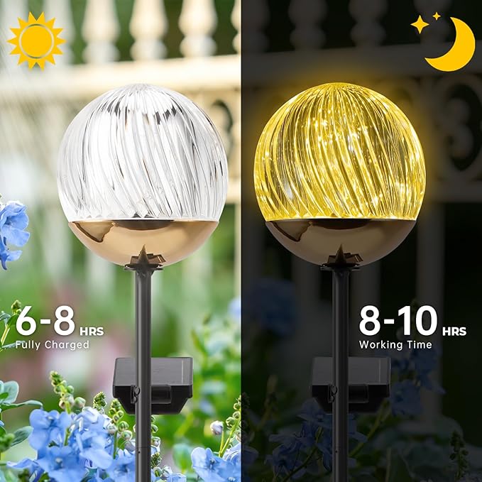 Solar Globe Stake Lights - Outdoor Acrylic Ball Garden Lights with 20 LED, IP44 Waterproof, Auto On/Off, Metal Stake with h-Shaped Ground Spike for Yard, Pathway, Patio Decor (Black stake , 2 pack)
