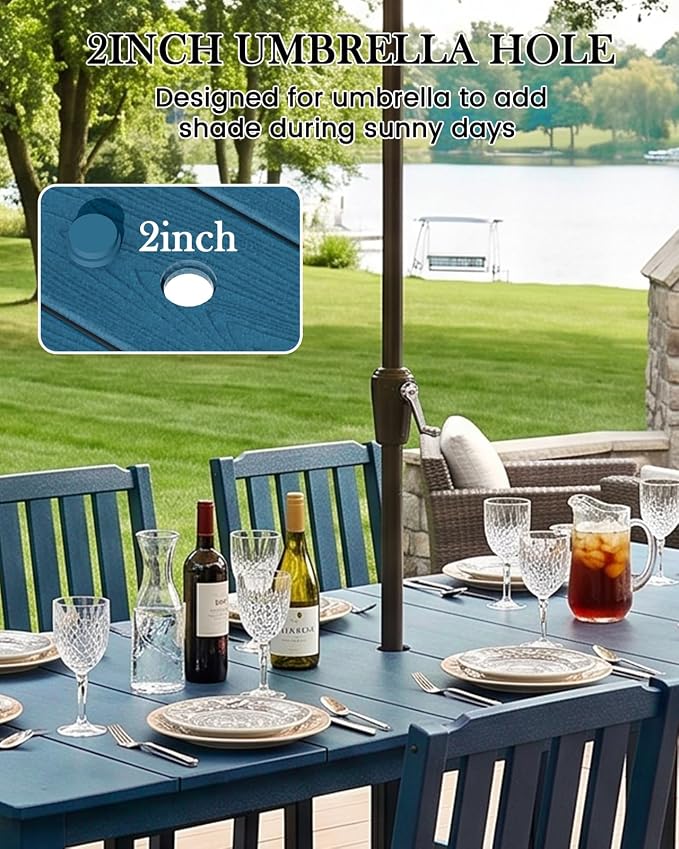 LOUNZY 7 Piece Patio Dining Set for 6, Outdoor Table and Chairs,Navy | 75.2” table,6 seat patio dining set, HDPE wood-look, fade resistant and waterproof, low maintenance outdoor furniture
