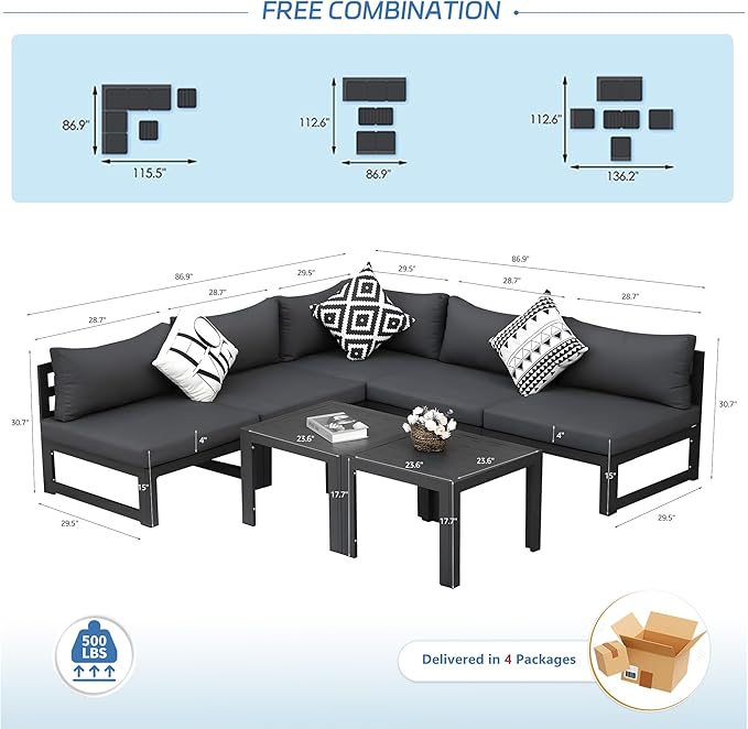 NICESOUL 5 Person Luxury Aluminum Outdoor Sectional Sofa with Side Table, Large L Shaped Patio Furniture Set, 29" Deep Wide Seating, 500 lbs Heavy Duty Conversation Set for Backyard Garden, Dark Gray