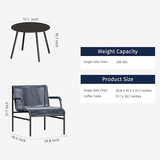 East Oak 3-Piece Patio Furniture Set, Outdoor Bistro Set with PE Rattan Wicker Wide Chairs, Soft Cushions & Coffee Table, Modern All-Weather Wicker Patio Set for Garden and Porch, Navy Blue