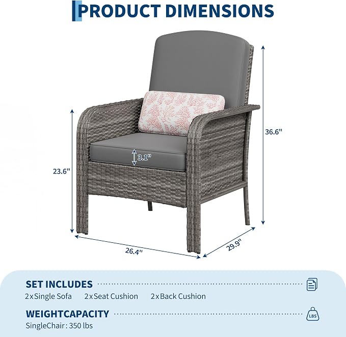 Garvee Outdoor Wicker Chairs,2 Pieces Patio Furniture Set,All Weather High Back Rattan Chairs with High Back&Deep Seating for Deck Porch Balcony Backyard Garden,Grey Rattan & Grey Cushion