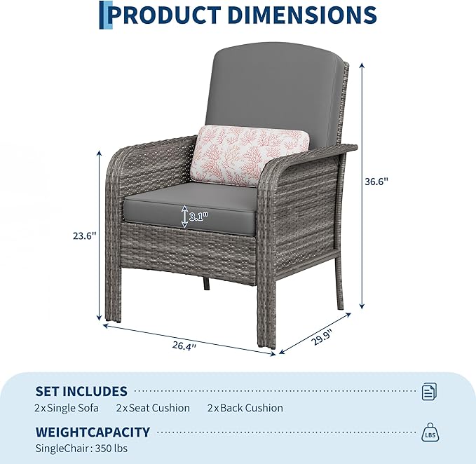 IDEALHOUSE 2-Piece Outdoor Patio Set, All-Weather Wicker Chairs with High Back & Cushions for Deck, Porch, Garden,Gray Rattan+Gray Cushion