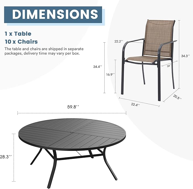 DIFY Patio Dining Set for 10, 11 Piece Outdoor Table and Chairs Set, 59.8" Black Round Metal Patio Dining Table and 10 Brown Textilene Stackable Patio Chairs, for Backyard Garden Poolside