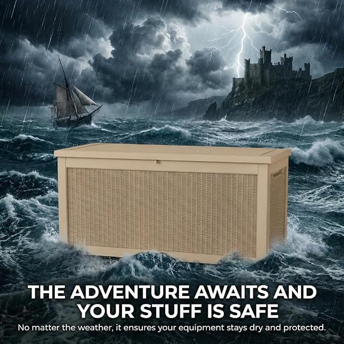 LAUSAINT HOME 100 Gallon Outdoor Deck Box, Waterproof Resin Storage Box with Lock, Patio Cushion Storage, Garden Tool Organizer, Pool Storage Container, Outdoor Storage Bench,Light Brown