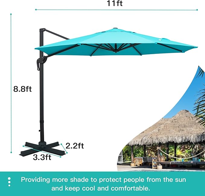 Sunnyglade 11Ft Cantilever Patio Umbrella Deluxe Offset Umbrella 360°Rotation & Integrated Tilting System Heavy Duty Patio Hanging Umbrella for Market Garden Deck Pool Backyard Patio (Blue, 11 ft)
