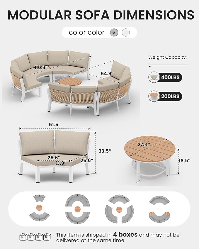 Patio Furniture Set, Aluminum Half-Moon Patio Conversation Sets, Luxury Curved Sofa with PE Rope, All-Weather 4 Piece Outdoor Sectional with Modular Coffee Table & Cushions, White