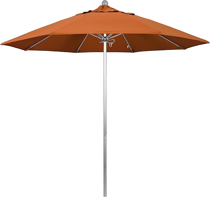 California Umbrella 9' Round Aluminum/Fiberglass Umbrella, Push Open, Silver Pole, Sunbrella Tuscan Fabric