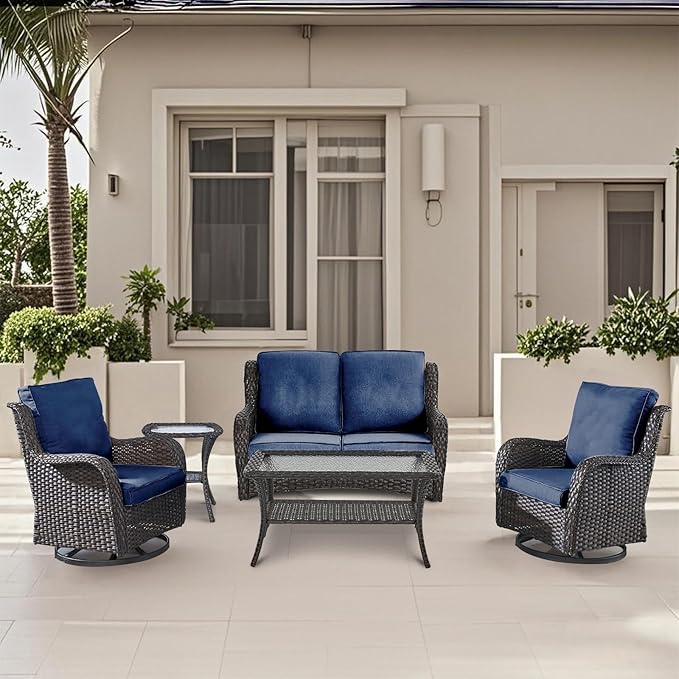 5 Pieces Outdoor Patio Furniture Conversation Set PE Rattan Wicker with 2 Swivel Glider Rocker Chairs, 2 Coffee Table and 1 Loveseat for Yard Backyard Poolside (Brown/Navy Blue)