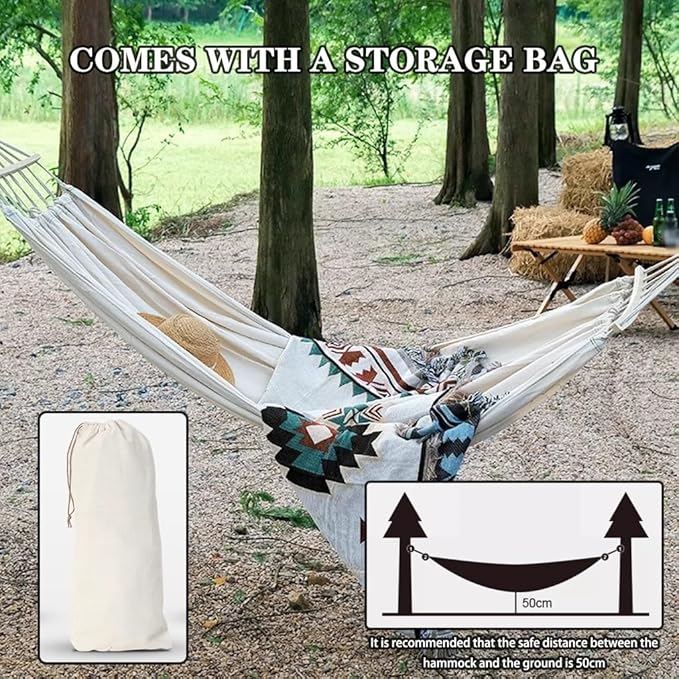 Anti-Rollover Hammock with Wooden Arc Pole, Camping Portable Hanging Bed with Carabiner, Relaxation, Load Bearing 250kg/350kg(Beige,6.6 * 2.6ft)