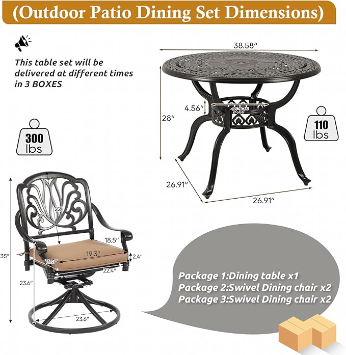 5-Piece Cast Aluminum Outdoor Patio Dining Set, All Weather Cast Aluminum Outdoor Furniture Dining Set for Patio, Balcony, Garden, Backyard w/4 Swivel Chairs & Cushions, 2.0" Umbrella Hole
