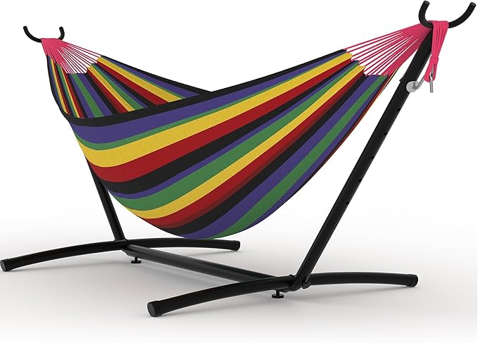 Double Hammocks with Stand for Outside, Heavy Duty Portable Outdoor Hammock with 6 Adjustable Height, 450 LBS Weight Capacity, Perfect for Outdoor Indoor Patio Backyard Garden