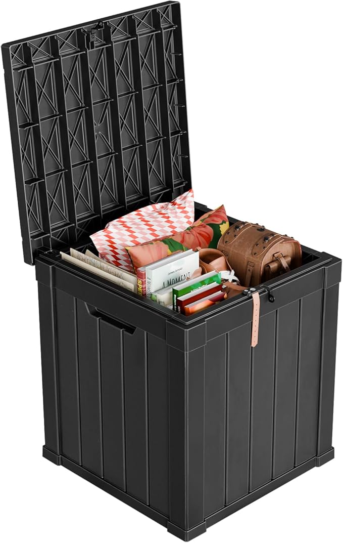 Resin Deck Box Outdoor Storage Box Waterproof for Patio Furniture,Outdoor Cushions,Garden Tools and Pool Supplies (Black, 51 Gallon)