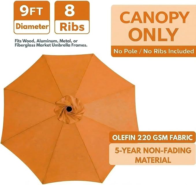 Sfmora OLEFIN 5-Year Non Fading 9ft 8Ribs Patio Umbrella Replacement Canopy, Outdoor Umbrella Canopy, Umbrella Top ONLY (Color)