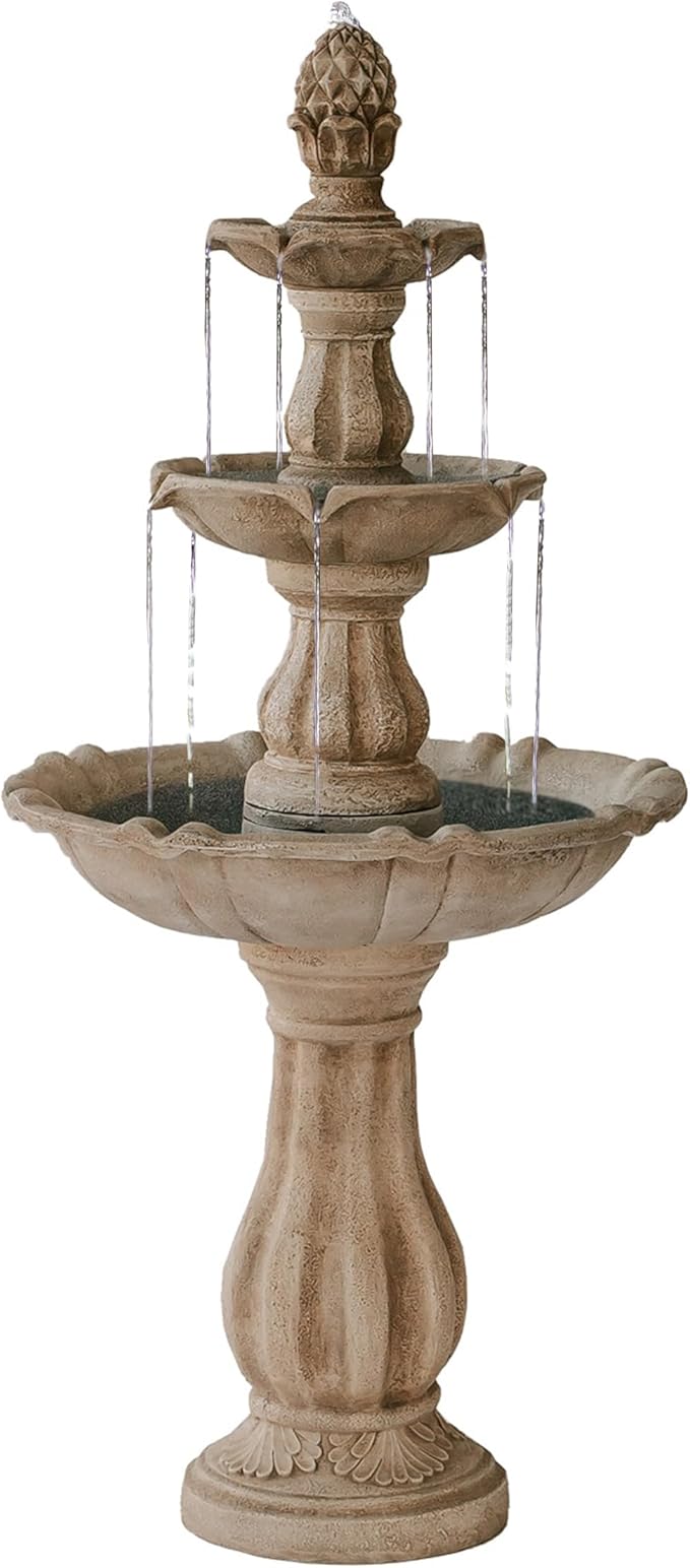 XBrand 51" 3-Tier Outdoor Freestanding Waterfall Fountain with Pump and Pineapple Finial, Beige