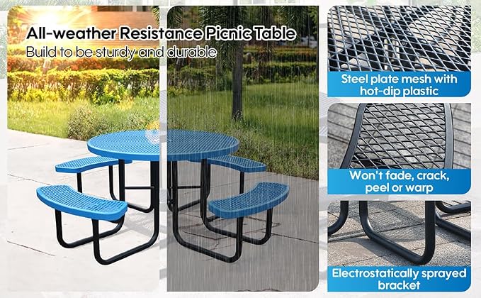 46 Inch Round Outdoor Metal Picnic Table, All-Weather Patio Dining Set for 6-8 Adults, Heavy Duty Steel with Central Umbrella Hole, Perfect for Garden, Backyard, Deck & Small Spaces - Easy Assembly