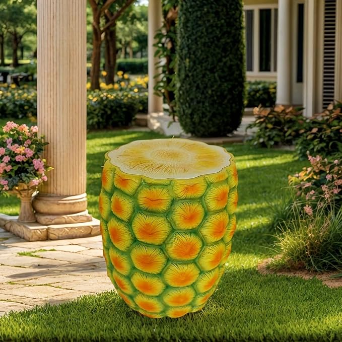 14'' Garden Fruit Design Stool, Decorative Patio Side Tables for Outside / Indoor, Drum Table & Plant Stands Stools for Patio Balcony Living Room, Home Decor, Weather-Resistant (Yellow, Pineapple)
