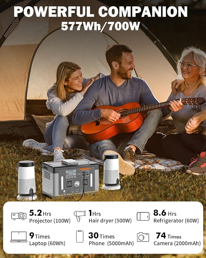 Portable Power Station 700W, 577Wh Battery Solar Generator, Power Bank 110V Surge 1000W Pure Sine Wave 2 AC Outlets with PD 60W USB-C Fast Charging for CPAP Camping, Hurricane Emergency, RVs