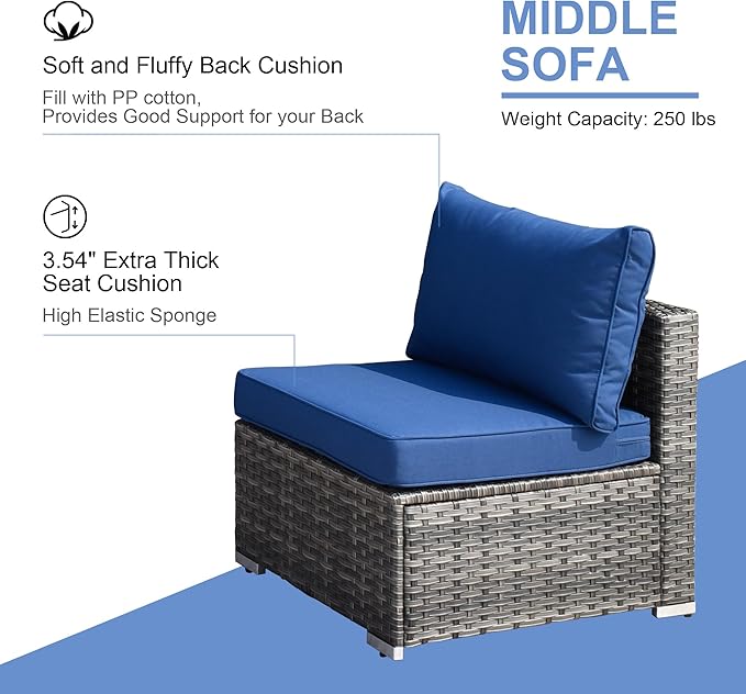 HOOOWOOO Patio Outdoor Sectional Furniture Sofa Set with Swivel Chairs,8 Pieces L Shaped Corner Wicker Rattan Couch Set with Glass Table,Modern 6 Persons Summer Patio Conversation Set(Navy Blue)
